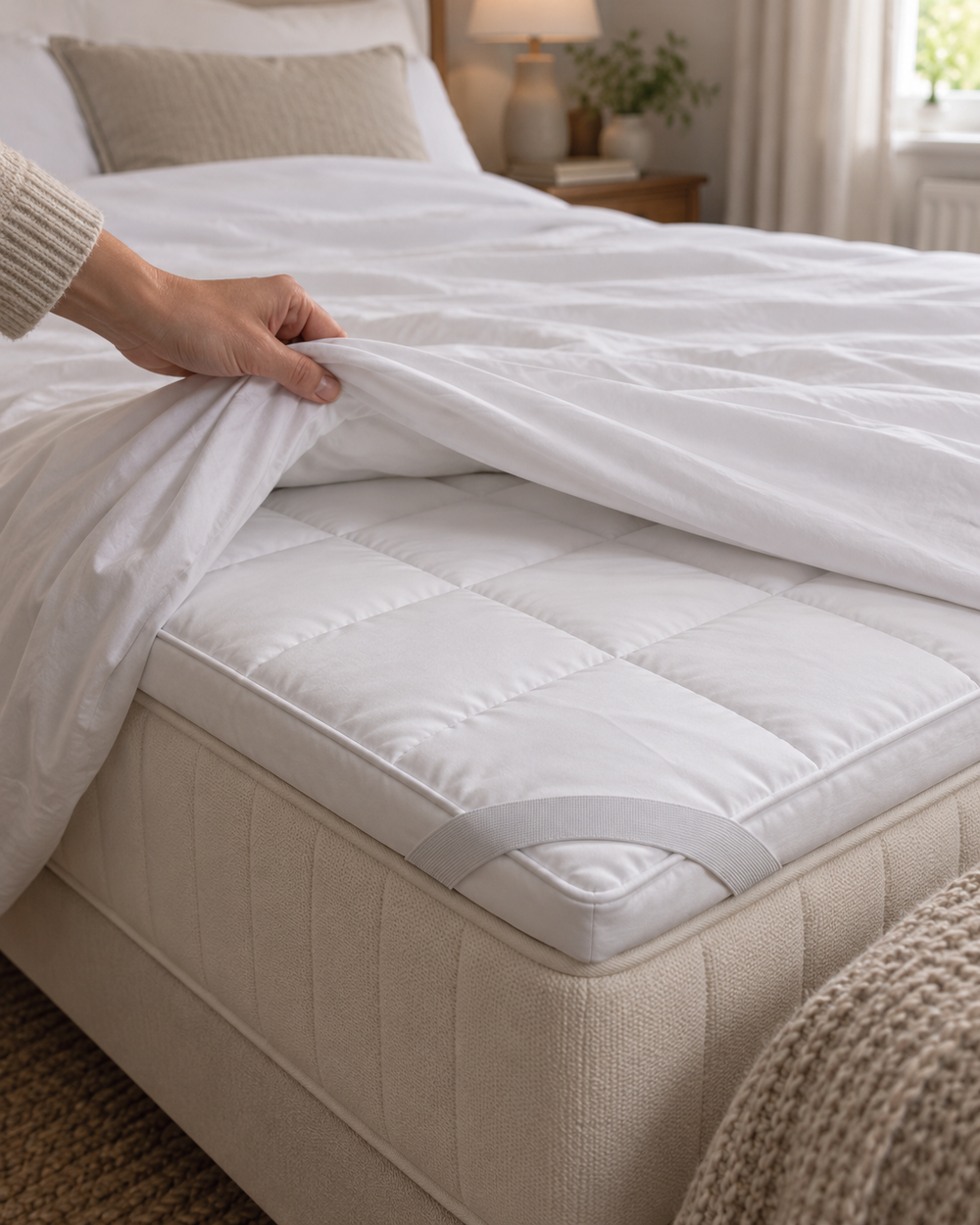 The topper sits beneath your fitted sheet. AI-generated illustration of the arrangement.