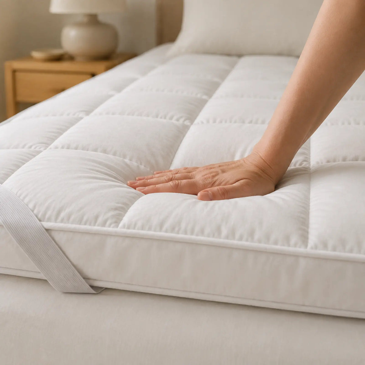 Hand pressing the soft quilted loft of the Restenna mattress topper