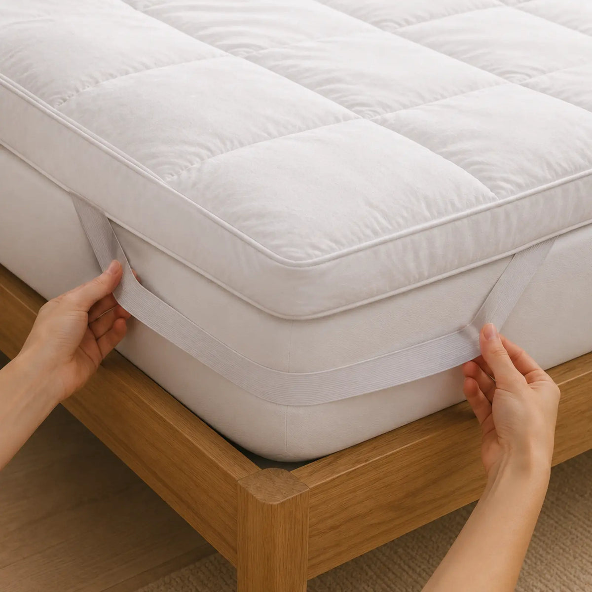 Elastic corner strap securing the Restenna topper to a mattress